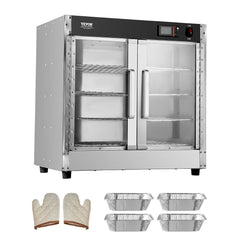 Hot Box Food Warmer, 4-Tier Concession Warmer with Water Tray, 4 Pans, Glass Double-door and Adjustable Shelves, Stainless Steel Food Warmer Cabinet, Ideal for Storing Pizza, Chicken, Restaurant