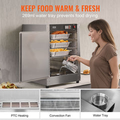 Hot Box Food Warmer, 5-Tier Concession Warmer with Water Tray, 5 Pans, Single-door and Adjustable Shelves, Stainless Steel Food Warmer Cabinet, Ideal for Storing Pizza, Chicken, Restaurant