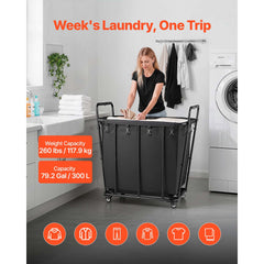 Laundry Cart, Rolling Grocery Utility Cart with Waterproof Liner & Swivel Wheels, 118 KG Large Load Capacity, Heavy Duty Shopping Basket for Laundry, Shopping, Camping, Grocery, Luggage, Black