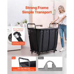 Laundry Cart, Rolling Grocery Utility Cart with Waterproof Liner & Swivel Wheels, 118 KG Large Load Capacity, Heavy Duty Shopping Basket for Laundry, Shopping, Camping, Grocery, Luggage, Black