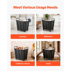 Laundry Cart, Rolling Grocery Utility Cart with Waterproof Liner & Swivel Wheels, 118 KG Large Load Capacity, Heavy Duty Shopping Basket for Laundry, Shopping, Camping, Grocery, Luggage, Black