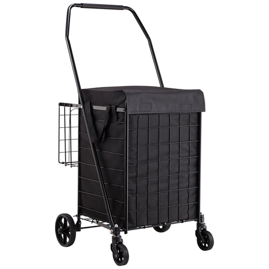 Shopping Cart, Folding Grocery Utility Cart with Dual Baskets, Waterproof Liner & Wheels, 45 KG Large Load Capacity, Heavy Duty Laundry Basket for Laundry, Shopping, Camping, Grocery, Luggage