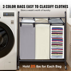3-Section Laundry Basket, Heavy Duty Laundry Hamper Storage Organizer, Laundry Sorter Cart with Heavy Duty Lockable Wheels for Dirty Clothes in Laundry Room Bedroom