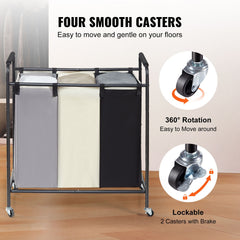 3-Section Laundry Basket, Heavy Duty Laundry Hamper Storage Organizer, Laundry Sorter Cart with Heavy Duty Lockable Wheels for Dirty Clothes in Laundry Room Bedroom