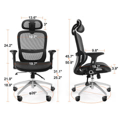 Mesh Office Chair, Adjustable High Back Desk Chair with Mesh Seat, Angle and Height Adjustable Home Office Chair with Lumbar and Head Support, Swivel Computer Task Chair