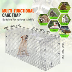 Live Animal Cage Trap, 50" x 20" x 26" Humane Cat Trap Galvanized Iron, Folding Animal Trap with Handle for Stray Dogs, Armadillos, Raccoons, Marmots, Foxes