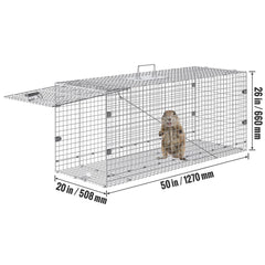 Live Animal Cage Trap, 50" x 20" x 26" Humane Cat Trap Galvanized Iron, Folding Animal Trap with Handle for Stray Dogs, Armadillos, Raccoons, Marmots, Foxes