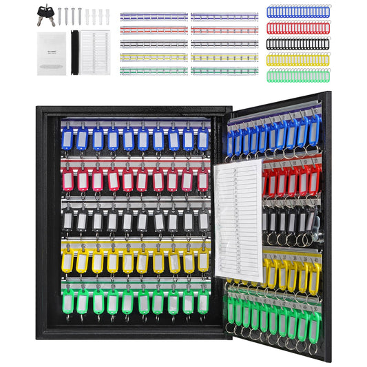 100-Key Cabinet, Key Lock Box with Adjustable Racks, Security Key Storage Box Steel, Key Organizer with 100 Colorful Key Tags and 2 Record Cards for School, Office, Hotel