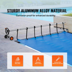 Pool Cover Reel, Aluminum Solar Cover Reel 18 ft, Inground Swimming Pool Cover Reel Set with Rubber Wheels and Sandbags, Fits for 4-18 ft Width Swimming Pools