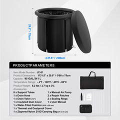 Ice Bath Tub, 80 cm Long Cold Water Therapy Plunge Tub for Athletes, Portable Outdoor Ice Barrel Plunge Pool for Recovery, 341L Inflatable Folding Bathtub with Cover, Home Ice Pod for Adult