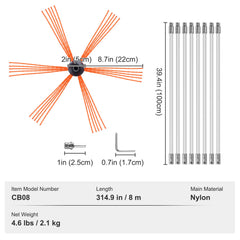 8 m Chimney Sweep Kit, w/ 8Reinforced Nylon Flexible Rods, Ergonomic Chimney Cleaning Brush, 360-Degree Brush Chimney Cleaner, Rich Accessories for Fireplace Flue Home Use Fits most Pipes