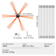 10 m Chimney Sweep Kit, w/ 10 Reinforced Nylon Flexible Rods, Ergonomic Chimney Cleaning Brush, 360-Degree Brush Chimney Cleaner, Rich Accessories for Fireplace Flue Home Use Fits most Pipes