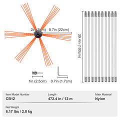 12 m Chimney Sweep Kit, w/ 12 Reinforced Nylon Flexible Rods, Ergonomic Chimney Cleaning Brush, 360-Degree Brush Chimney Cleaner, Rich Accessories for Fireplace Flue Home Use Fits most Pipes