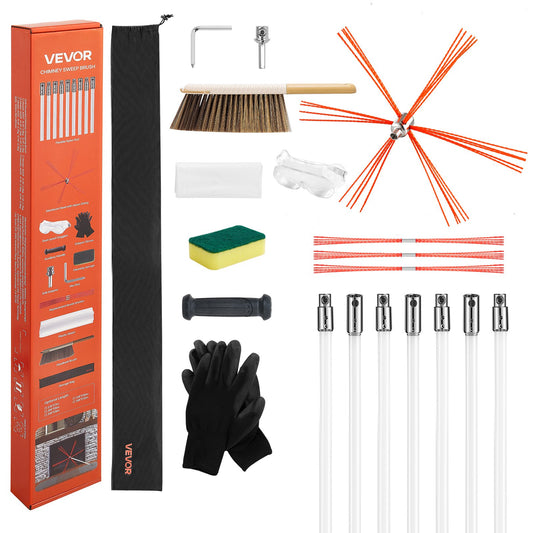Chimney Sweep Kit, 7m Maximum Extendable Length Chimney Brush, Chimneys Cleaning Kit with Bristle Replacements & Goggles, 90° Bendable Fireplace Cleaning Tool, for Square, Rectangle Chimneys