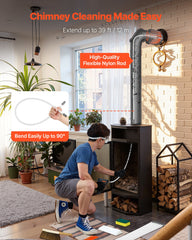 Chimney Sweep Kit, 12m Maximum Extendable Length Chimney Sweep, Chimneys Cleaning Kit with Bristle Replacements & Goggles, 90° Bendable Fireplace Cleaning Tool, for Square, Rectangle Chimneys
