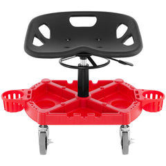 Rolling Garage Stool, 300LBS Capacity, Adjustable Height from 18 in to 23 in, 360-degree Swivel Wheels (4\"), Large Tool Tray with Two Bottle Holder, for Workshop, Auto Repair Shop, Red