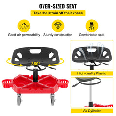 Rolling Garage Stool, 300LBS Capacity, Adjustable Height from 18 in to 23 in, 360-degree Swivel Wheels (4\"), Large Tool Tray with Two Bottle Holder, for Workshop, Auto Repair Shop, Red