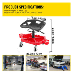 Rolling Garage Stool, 300LBS Capacity, Adjustable Height from 18 in to 23 in, 360-degree Swivel Wheels (4\"), Large Tool Tray with Two Bottle Holder, for Workshop, Auto Repair Shop, Red