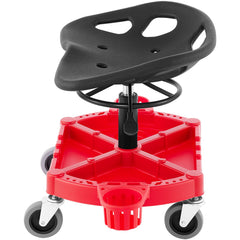 Rolling Garage Stool, 300LBS Capacity, Adjustable Height from 18 in to 23 in, 360-degree Swivel Wheels (4\"), Large Tool Tray with Two Bottle Holder, for Workshop, Auto Repair Shop, Red