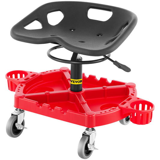 Rolling Garage Stool, 300LBS Capacity, Adjustable Height from 18 in to 23 in, 360-degree Swivel Wheels (4\"), Large Tool Tray with Two Bottle Holder, for Workshop, Auto Repair Shop, Red