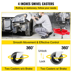 Rolling Garage Stool, 300LBS Capacity, Adjustable Height from 18 in to 23 in, 360-degree Swivel Wheels (4\"), Large Tool Tray with Two Bottle Holder, for Workshop, Auto Repair Shop, Red