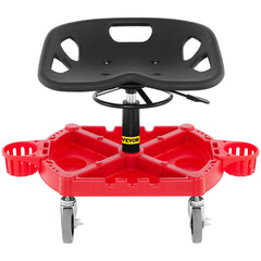 Rolling Garage Stool, 300LBS Capacity, Adjustable Height from 18 in to 23 in, 360-degree Swivel Wheels (4\"), Large Tool Tray with Two Bottle Holder, for Workshop, Auto Repair Shop, Red