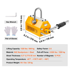Magnetic Lifter, 600 kg Pulling Capacity, 2.5 Safety Factor, Neodymium & Steel, Lifting Magnet with Release, Permanent Lift Magnets, Heavy Duty Magnet for Hoist, Shop Crane, Block, Board