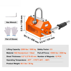 Magnetic Lifter, 1000kg Pulling Capacity, 2.5 Safety Factor, Neodymium & Steel, Lifting Magnet with Release, Permanent Lift Magnets, Heavy Duty Magnet for Hoist, Shop Crane, Block, Board