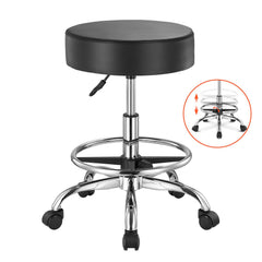 Round Rolling Stool, Leather Rolling Stool with Footrest, 360° Swivel Drafting Stool with Thickened Cushion, Height Adjustable Rolling Work SPA Tattoo Stool, for Office, Home, Salon & Bar Black