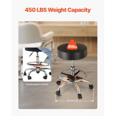 Round Rolling Stool, Leather Rolling Stool with Footrest, 360° Swivel Drafting Stool with Thickened Cushion, Height Adjustable Rolling Work SPA Tattoo Stool, for Office, Home, Salon & Bar Black