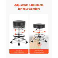 Round Rolling Stool, Leather Rolling Stool with Footrest, 360° Swivel Drafting Stool with Thickened Cushion, Height Adjustable Rolling Work SPA Tattoo Stool, for Office, Home, Salon & Bar Black