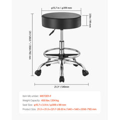 Round Rolling Stool, Leather Rolling Stool with Footrest, 360° Swivel Drafting Stool with Thickened Cushion, Height Adjustable Rolling Work SPA Tattoo Stool, for Office, Home, Salon & Bar Black