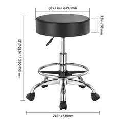 Round Rolling Stool, Leather Rolling Stool with Footrest, 360° Swivel Drafting Stool with Thickened Cushion, Height Adjustable Rolling Work SPA Tattoo Stool, for Office, Home, Salon & Bar Black