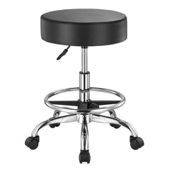 Round Rolling Stool, Leather Rolling Stool with Footrest, 360° Swivel Drafting Stool with Thickened Cushion, Height Adjustable Rolling Work SPA Tattoo Stool, for Office, Home, Salon & Bar Black
