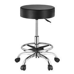 Round Rolling Stool, Leather Rolling Stool with Footrest, 360° Swivel Drafting Stool with Thickened Cushion, Height Adjustable Rolling Work SPA Tattoo Stool, for Office, Home, Salon & Bar Black