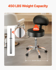 Round Rolling Stool, PU Leather Rolling Stool with Backrest, 360° Swivel Drafting Stool with Thickened Cushion, Height Adjustable Rolling Work SPA Stool, for Office, Home, Salon & Bar, Black