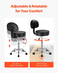 Round Rolling Stool, PU Leather Rolling Stool with Backrest, 360° Swivel Drafting Stool with Thickened Cushion, Height Adjustable Rolling Work SPA Stool, for Office, Home, Salon & Bar, Black