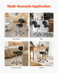 Round Rolling Stool, PU Leather Rolling Stool with Backrest, 360° Swivel Drafting Stool with Thickened Cushion, Height Adjustable Rolling Work SPA Stool, for Office, Home, Salon & Bar, Black