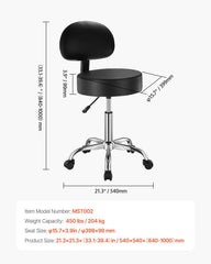 Round Rolling Stool, PU Leather Rolling Stool with Backrest, 360° Swivel Drafting Stool with Thickened Cushion, Height Adjustable Rolling Work SPA Stool, for Office, Home, Salon & Bar, Black