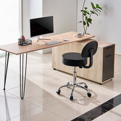 Round Rolling Stool, PU Leather Rolling Stool with Backrest, 360° Swivel Drafting Stool with Thickened Cushion, Height Adjustable Rolling Work SPA Stool, for Office, Home, Salon & Bar, Black