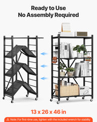 4-Tier Foldable Storage Shelf with Wheels, 66 cm W x 33 cm D x 117 cm H Folding Metal Rack Shelving Unit, No Assembly Organizer Shelf for Garage, Kitchen, Basement, Black