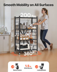 4-Tier Foldable Storage Shelf with Wheels, 66 cm W x 33 cm D x 117 cm H Folding Metal Rack Shelving Unit, No Assembly Organizer Shelf for Garage, Kitchen, Basement, Black