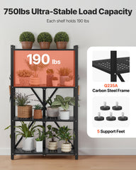 4-Tier Foldable Storage Shelf with Wheels, 66 cm W x 33 cm D x 117 cm H Folding Metal Rack Shelving Unit, No Assembly Organizer Shelf for Garage, Kitchen, Basement, Black