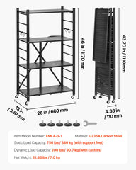 4-Tier Foldable Storage Shelf with Wheels, 66 cm W x 33 cm D x 117 cm H Folding Metal Rack Shelving Unit, No Assembly Organizer Shelf for Garage, Kitchen, Basement, Black