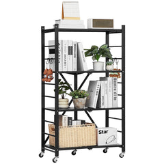 4-Tier Foldable Storage Shelf with Wheels, 66 cm W x 33 cm D x 117 cm H Folding Metal Rack Shelving Unit, No Assembly Organizer Shelf for Garage, Kitchen, Basement, Black