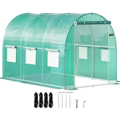 Walk-in Tunnel Greenhouse, 3 x 2 x 2 m, Portable Plant Hot House with Galvanised Steel Frame, 1 Top Bar, Diagonal Poles, Zipper Door and 6 Roll-Up Windows, Green