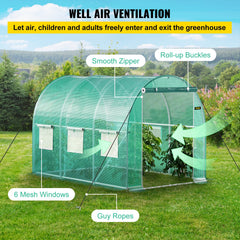 Walk-in Tunnel Greenhouse, 3 x 2 x 2 m, Portable Plant Hot House with Galvanised Steel Frame, 1 Top Bar, Diagonal Poles, Zipper Door and 6 Roll-Up Windows, Green