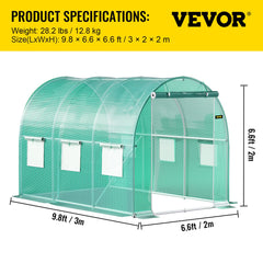 Walk-in Tunnel Greenhouse, 3 x 2 x 2 m, Portable Plant Hot House with Galvanised Steel Frame, 1 Top Bar, Diagonal Poles, Zipper Door and 6 Roll-Up Windows, Green