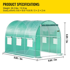 Walk-in Tunnel Greenhouse, 3 x 2 x 2 m, Portable Plant Hot House with Galvanised Steel Frame, 1 Top Bar, Diagonal Poles, Zipper Door and 6 Roll-Up Windows, Green