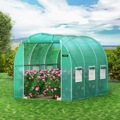 Walk-in Tunnel Greenhouse, 3 x 2 x 2 m, Portable Plant Hot House with Galvanised Steel Frame, 1 Top Bar, Diagonal Poles, Zipper Door and 6 Roll-Up Windows, Green